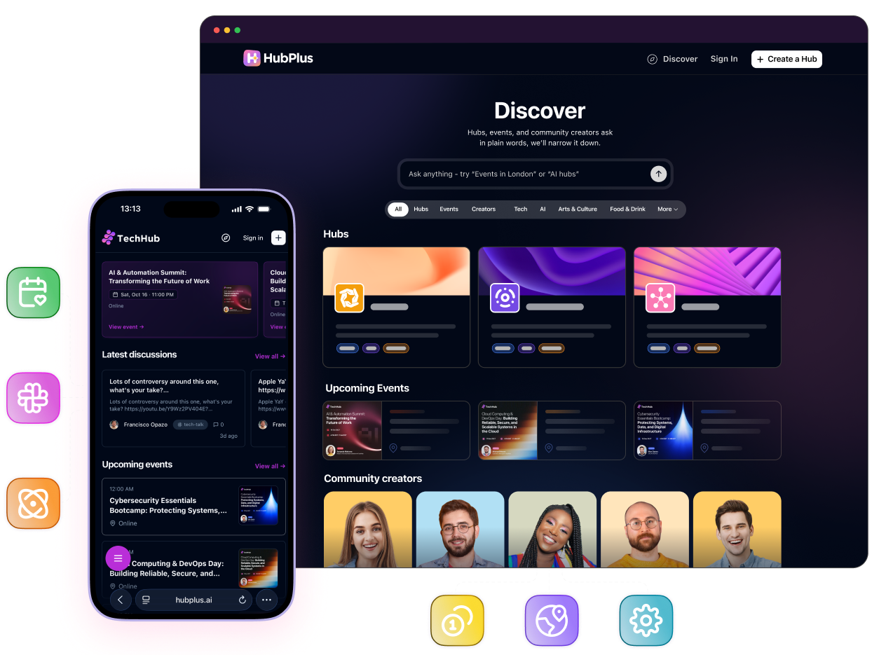 HubPlus community hub shown on desktop and mobile with icons floating above