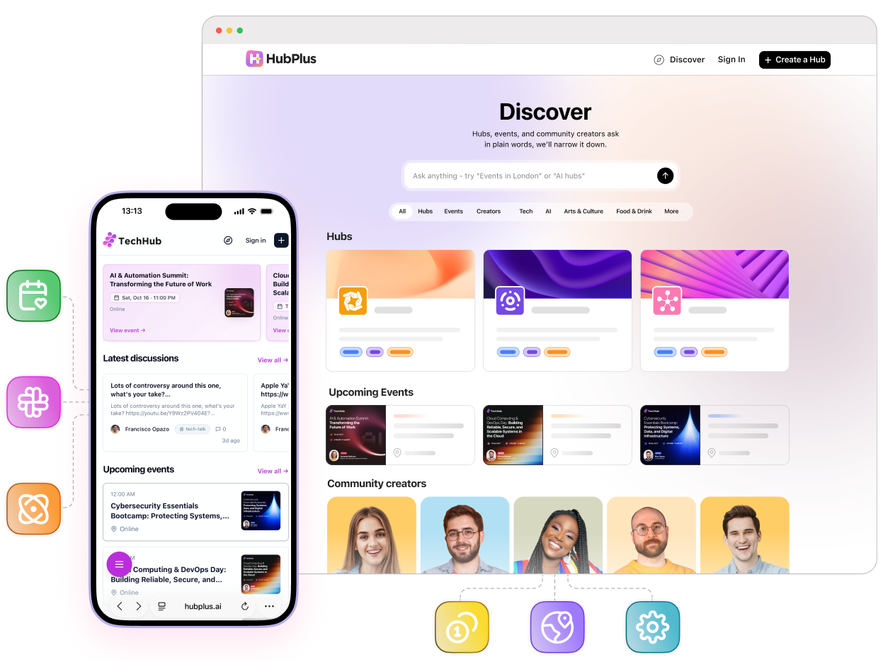 HubPlus community hub shown on desktop and mobile with icons floating above