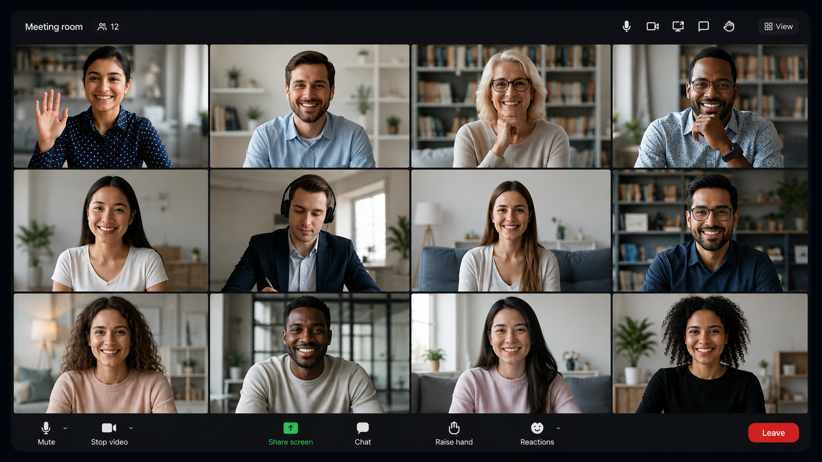 Meeting room with twelve participants on camera, mic, video and screen-share controls