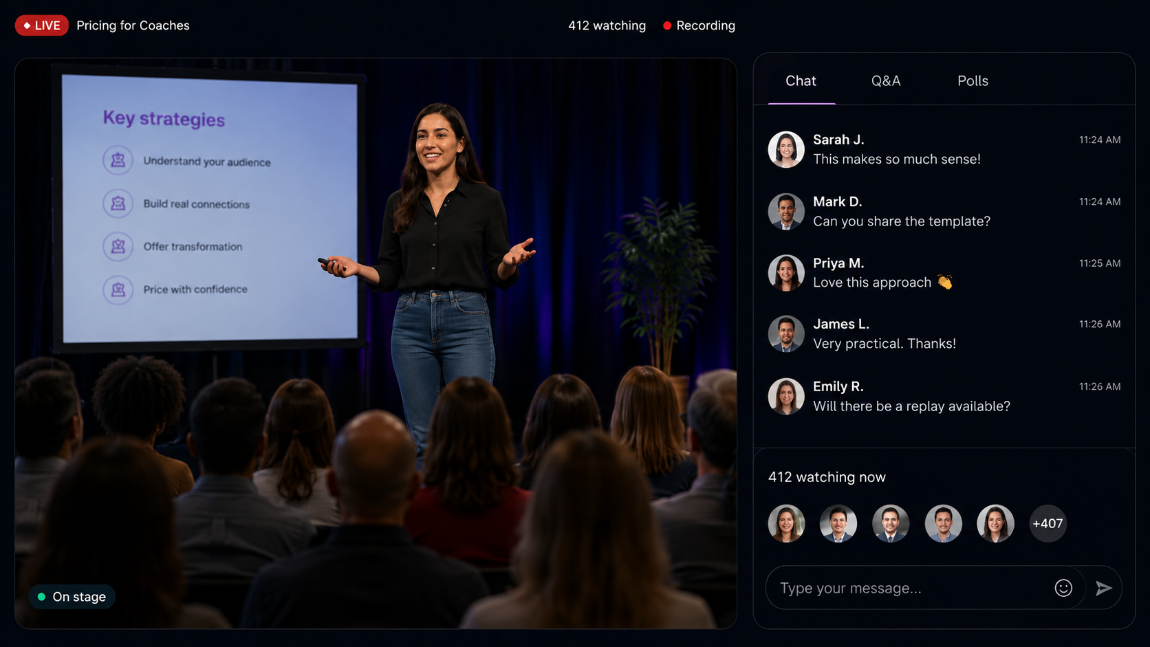 Live webinar with speaker on stage, audience, chat, Q&A and polls