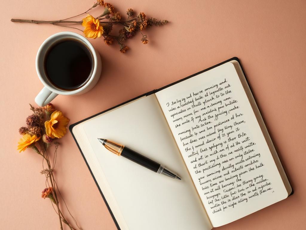 Open notebook with handwritten page, coffee and dried flowers